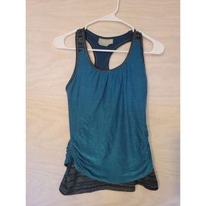 Athleta Tank Top XS Striped Ruched Racerback Shelf Bra Green Sleeveless